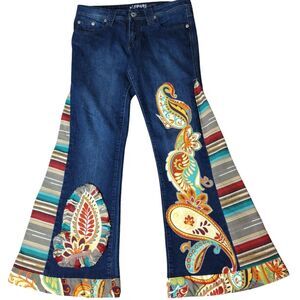Upcycled Southwestern Denim Blue Jeans Relaxed Flare Leg Size 11 Junior Women's